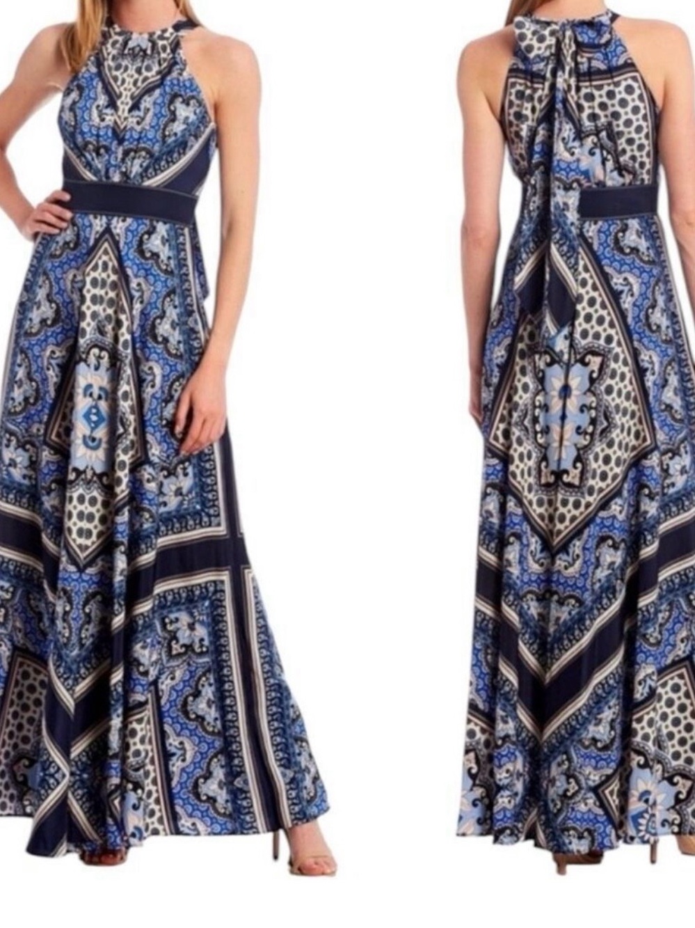 Eliza J Blue Patterned Halter scarf Maxi Dress 14